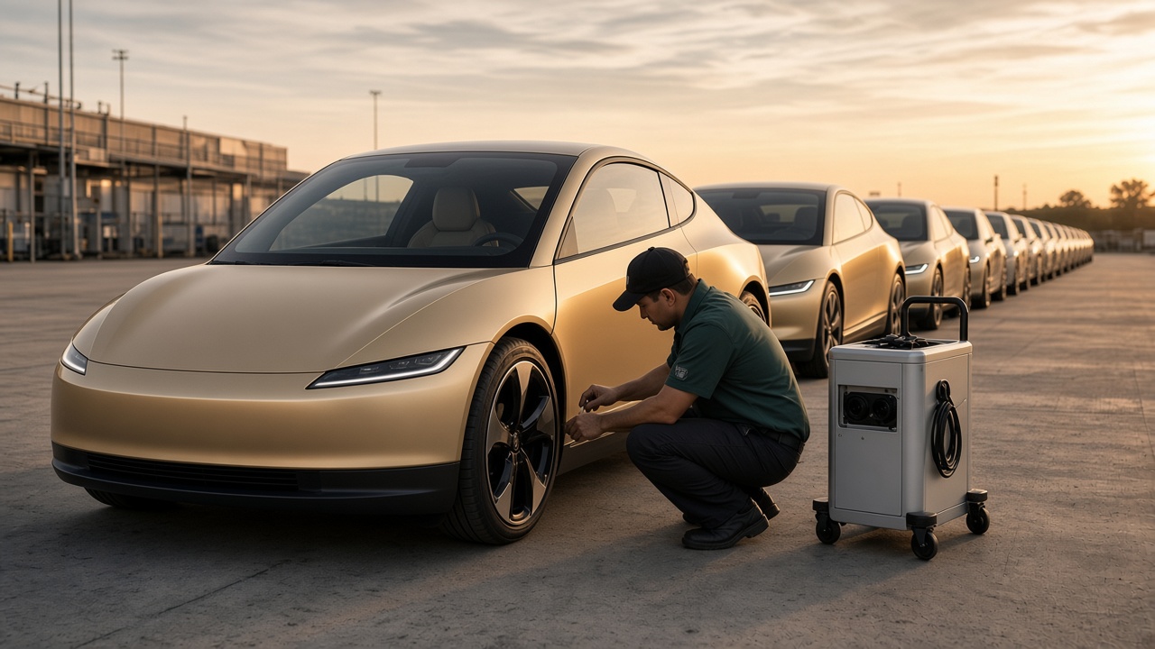 AI-generated concept of gold robotaxis with a service technician