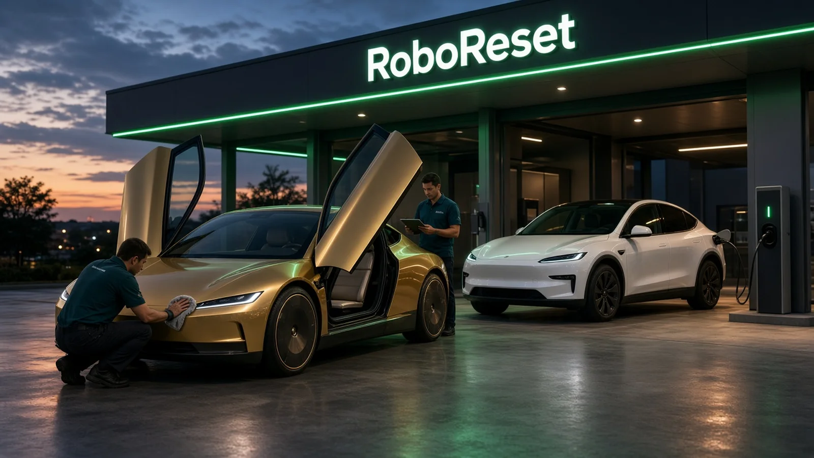 AI-generated concept of technicians cleaning and inspecting a gold two-door robotaxi beside a white autonomous SUV under a lit RoboReset service canopy at dusk
