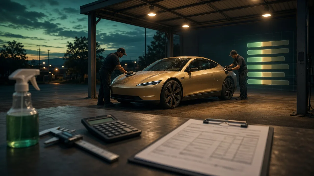 AI-generated concept of two technicians cleaning and inspecting a gold two-door robotaxi under a lit service canopy at dusk, with a cost sheet, calculator and tire gauge on the workbench in front